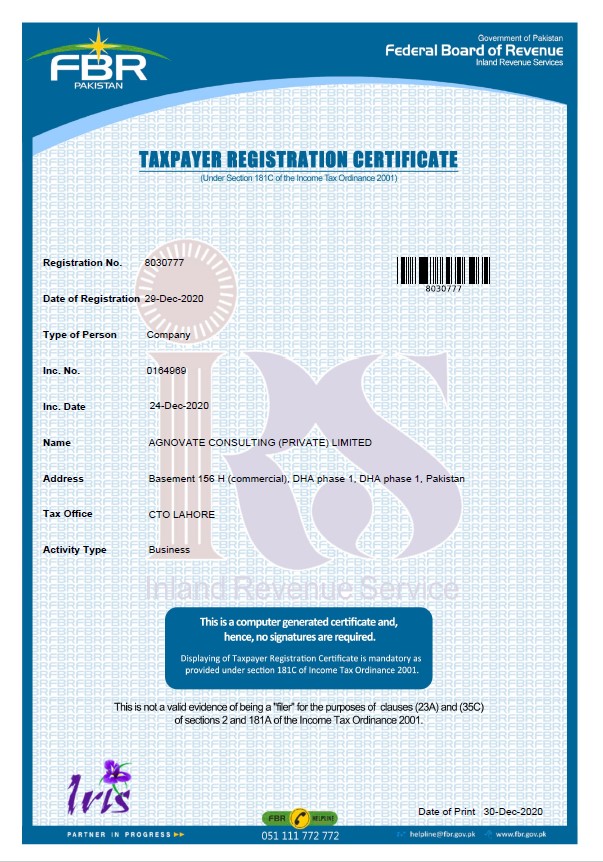 Taxpayer Registration Certificate